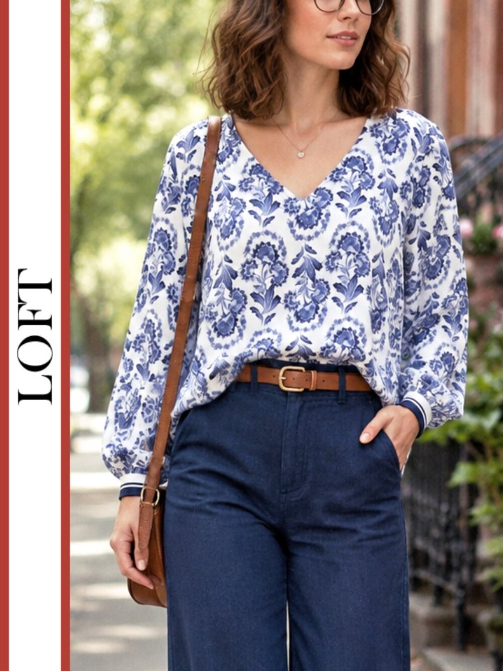 LOFT | 'Delft' Floral Printed V-Neck Blouse Top